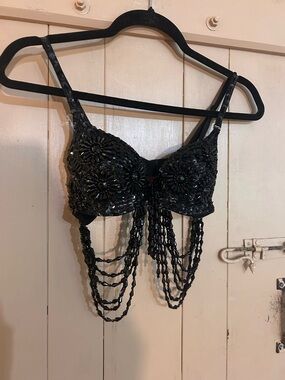 Vintage Black Beaded Decorative Bralette - Women Intimates & Sleepwear